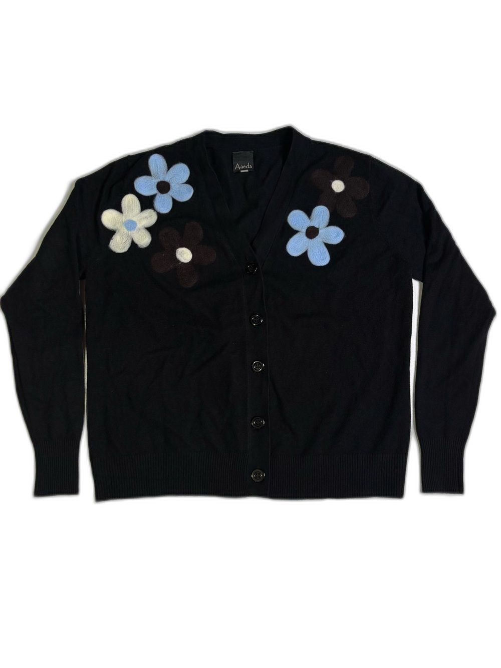 Aaeda Whimsical Black Cardigan with Blue, Cream & Brown Floral Appliqués